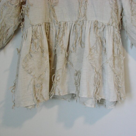Zara Linen Blend Peplum Top Boho Hippie Fringe Puff Sleeve Natural Beige Small - Picture 12 of 16